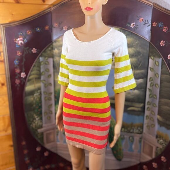 Bodycon fitted Lightweight Knit Horizontal Stripes of Lime Green, Red and Tan - Picture 1 of 9